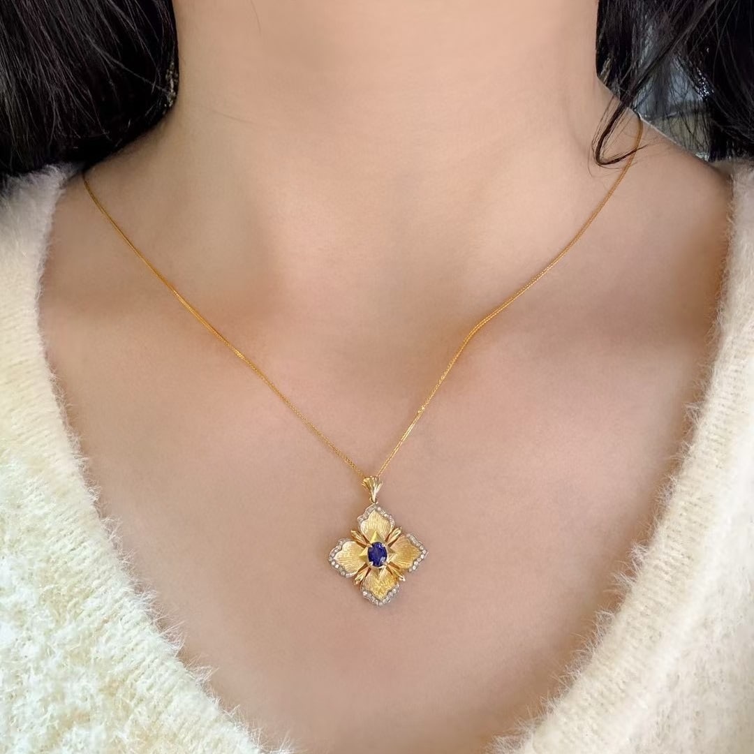 14k Gold 0.68 Ctw Natural Sapphire & Diamond Pendant( Without Chain ) - 6