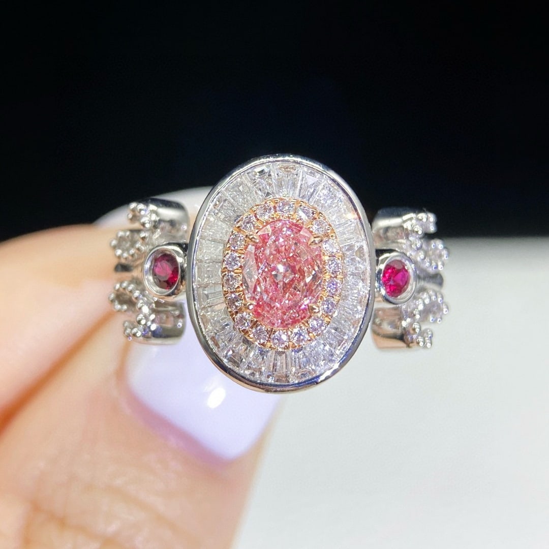 14k Gold 1.20 Ctw Natural Pink Diamond & Diamond Ring: Ref:231123092 // gold content:14k gold // ring size:7. 25us // // main gemstone:pink diamond // shape:oval // carat weight:0. 62ct // color:pink // treatment:natural // // adjacent gemstone 2 :