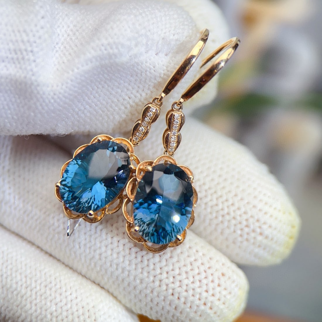 14k Gold 9.64 Ctw Natural Topaz & Diamond Earrings - 4