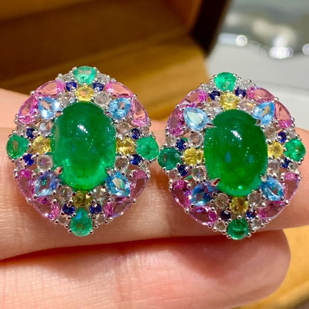 14k Gold 6.8 Ct Natural Emerald & Coloured Gemstone Earrings - 2