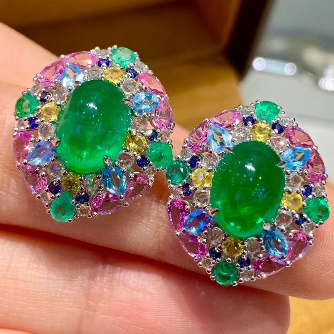 14k Gold 6.8 Ct Natural Emerald & Coloured Gemstone Earrings - 3