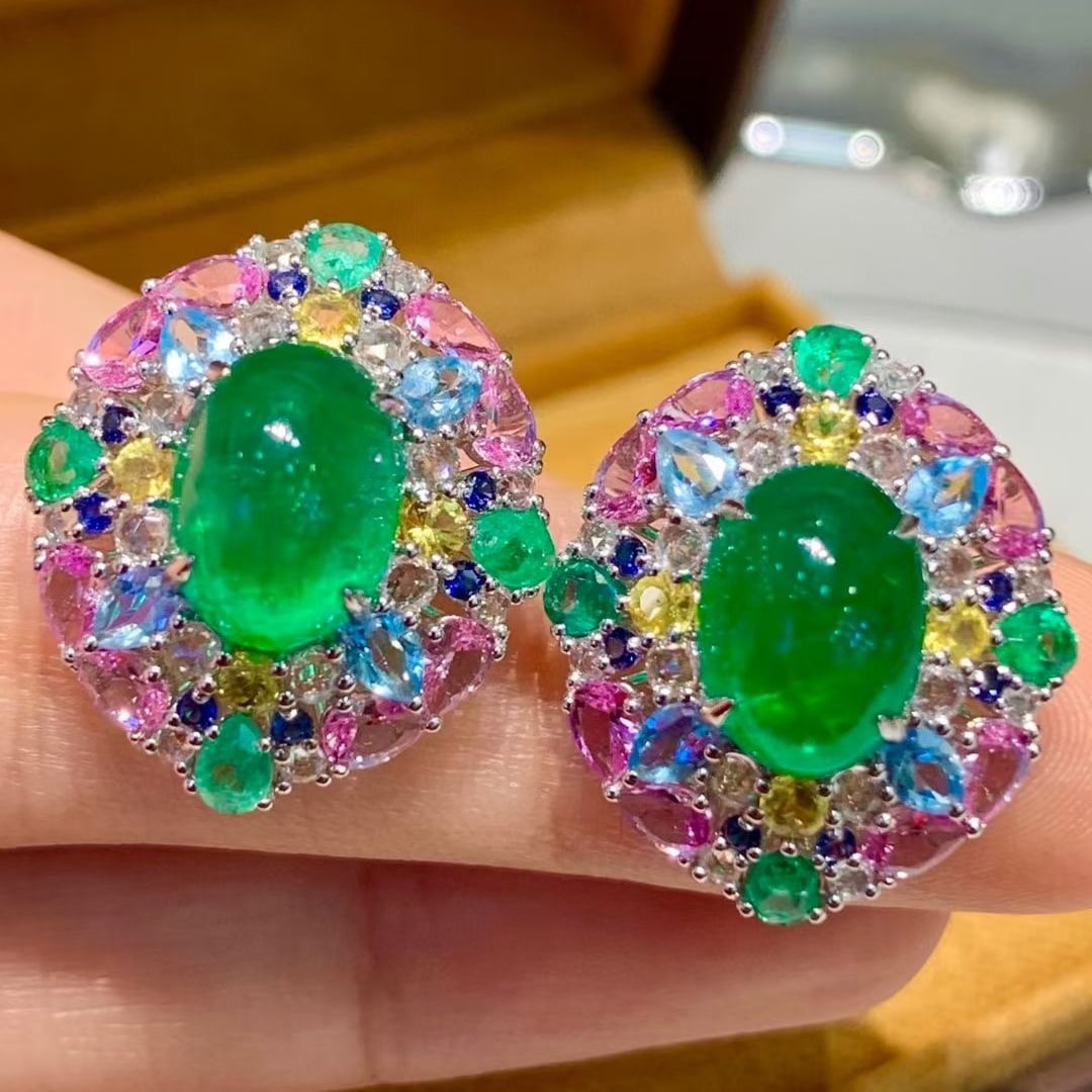 14k Gold 6.8 Ct Natural Emerald & Coloured Gemstone Earrings - 4