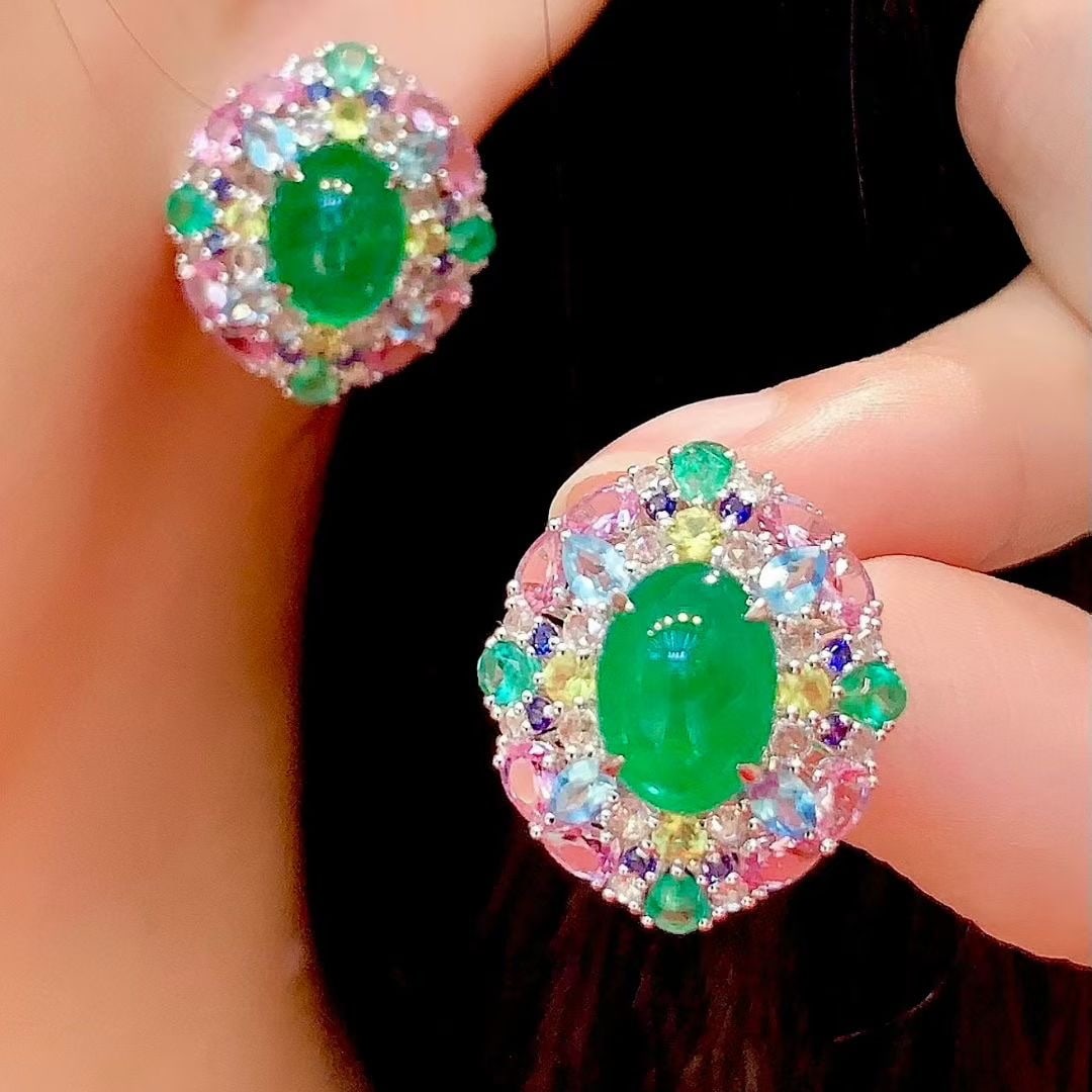 14k Gold 6.8 Ct Natural Emerald & Coloured Gemstone Earrings - 5