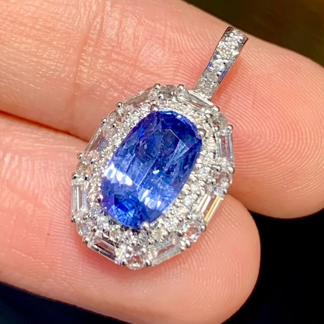 14k Gold 2.2 Ct Natural Sapphire & Diamond & Sapphire Pendant( Without Chain ) - 5