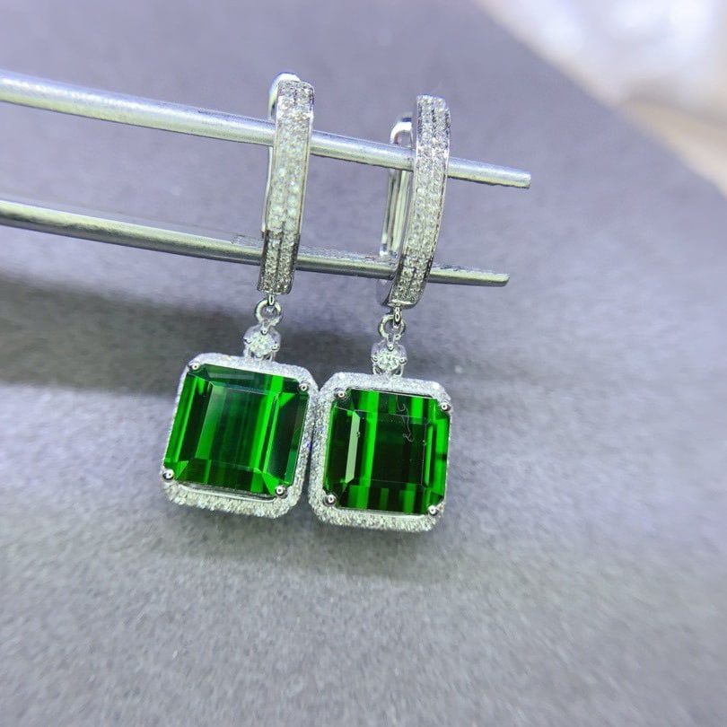 14k Gold 8.62 Ct Natural Tourmaline & Diamond Earrings - 2