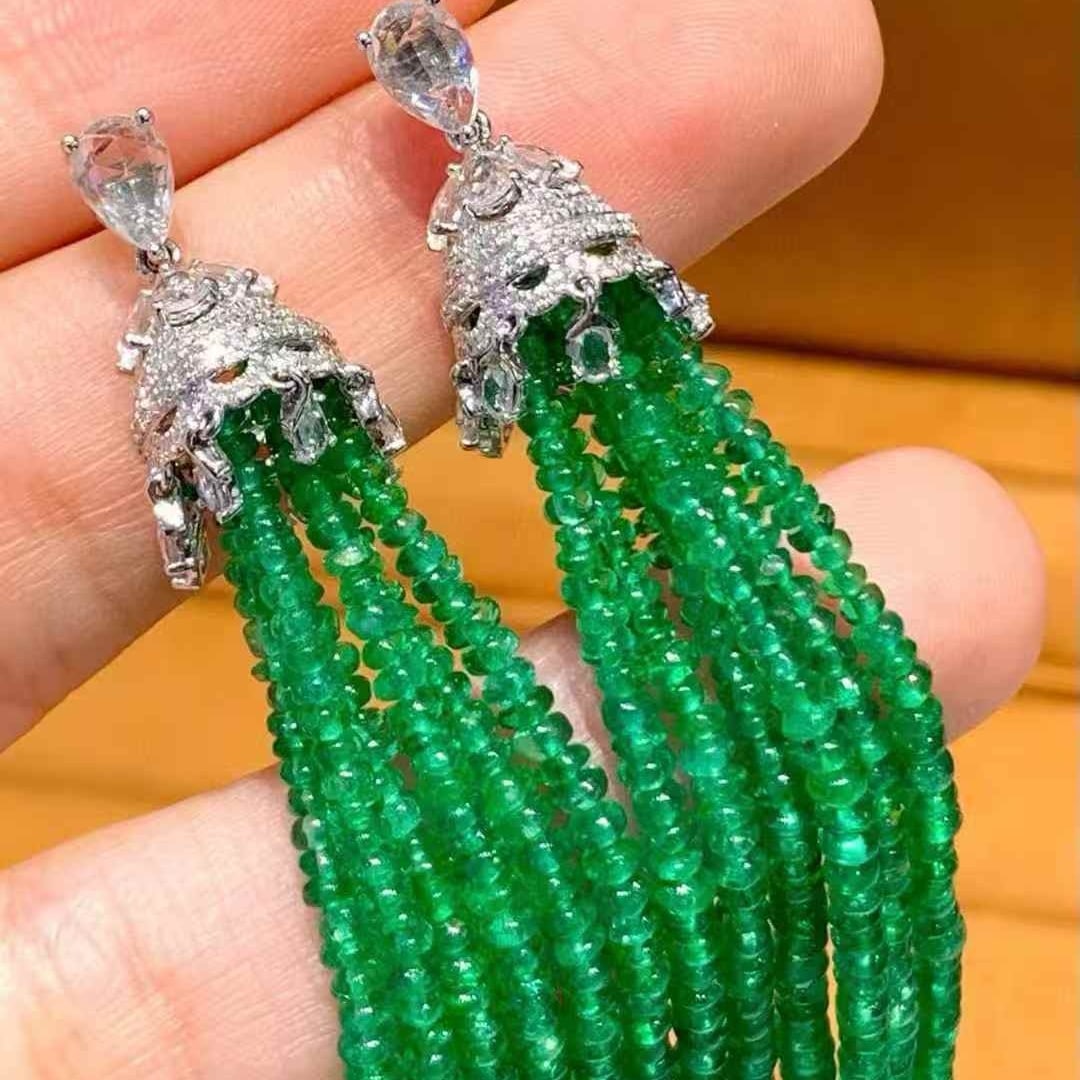 14k Gold 41 Ct Natural Emerald & Diamond & Sapphire Earrings - 3