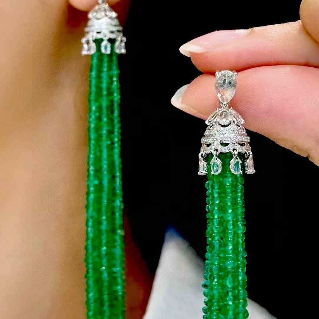 14k Gold 41 Ct Natural Emerald & Diamond & Sapphire Earrings - 6