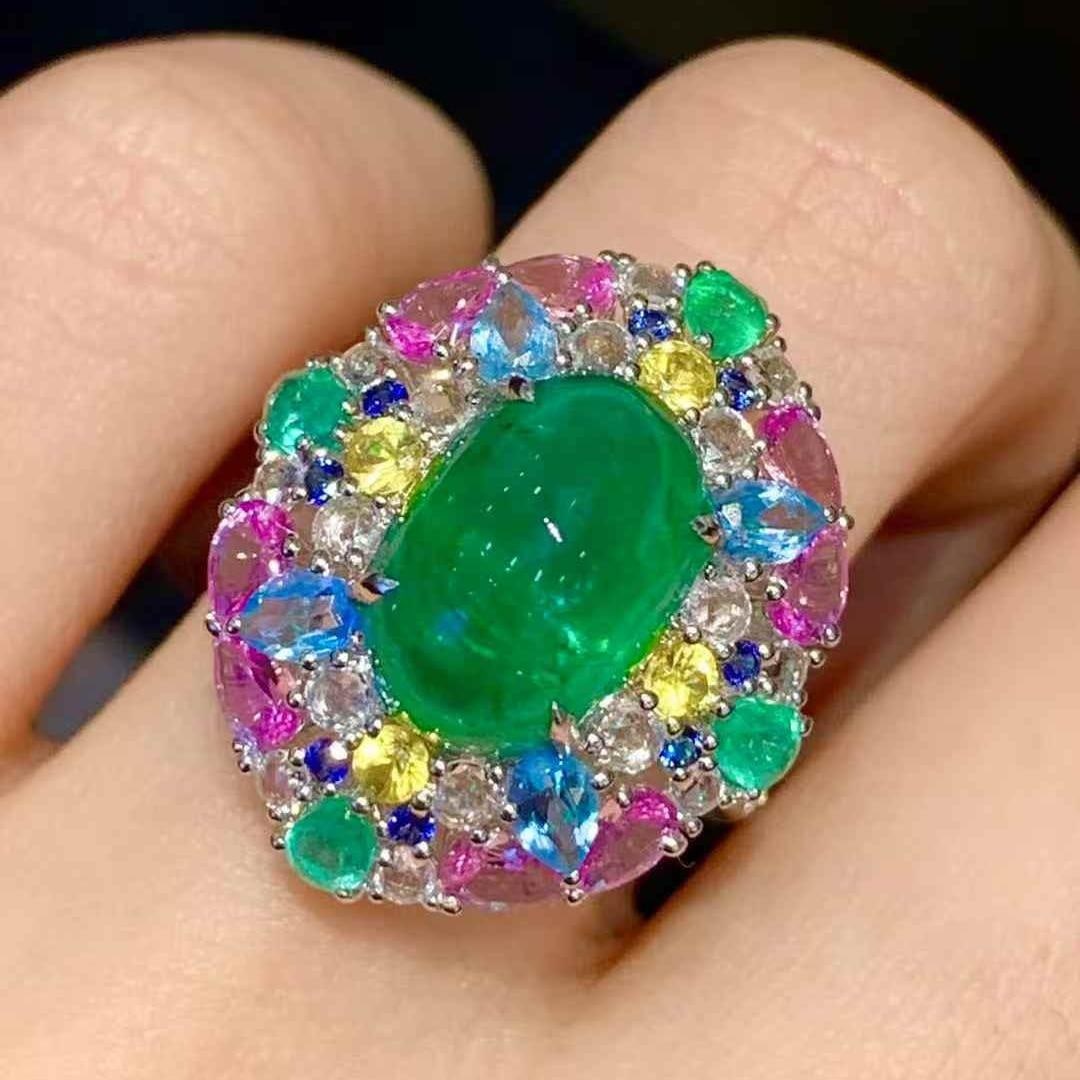 14k Gold 5.02 Ct Natural Emerald & Coloured Gemstone & Diamond Ring: Ref:231123122 // gold content:14k gold // ring size:7. 25us // // main gemstone:emerald // shape:oval // carat weight:5. 02ct // color:green // treatment:natural // // adjacent gemstone 2 :