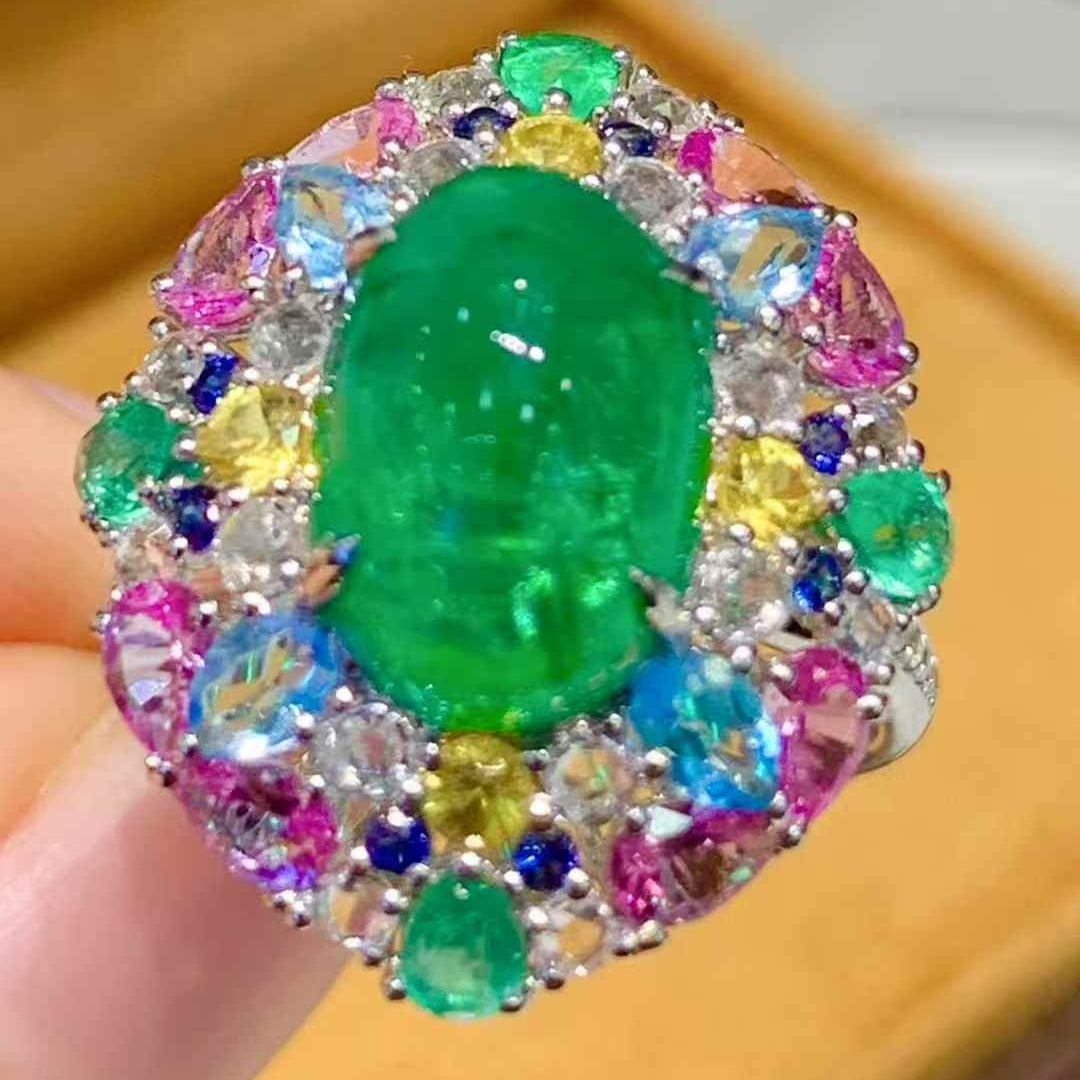 14k Gold 5.02 Ct Natural Emerald & Coloured Gemstone & Diamond Ring - 3