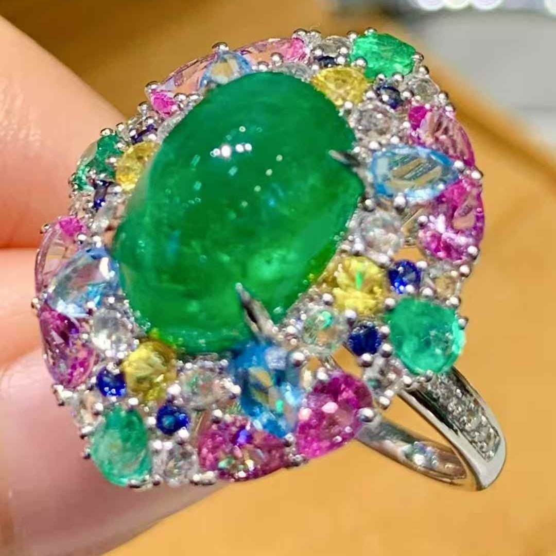 14k Gold 5.02 Ct Natural Emerald & Coloured Gemstone & Diamond Ring - 4