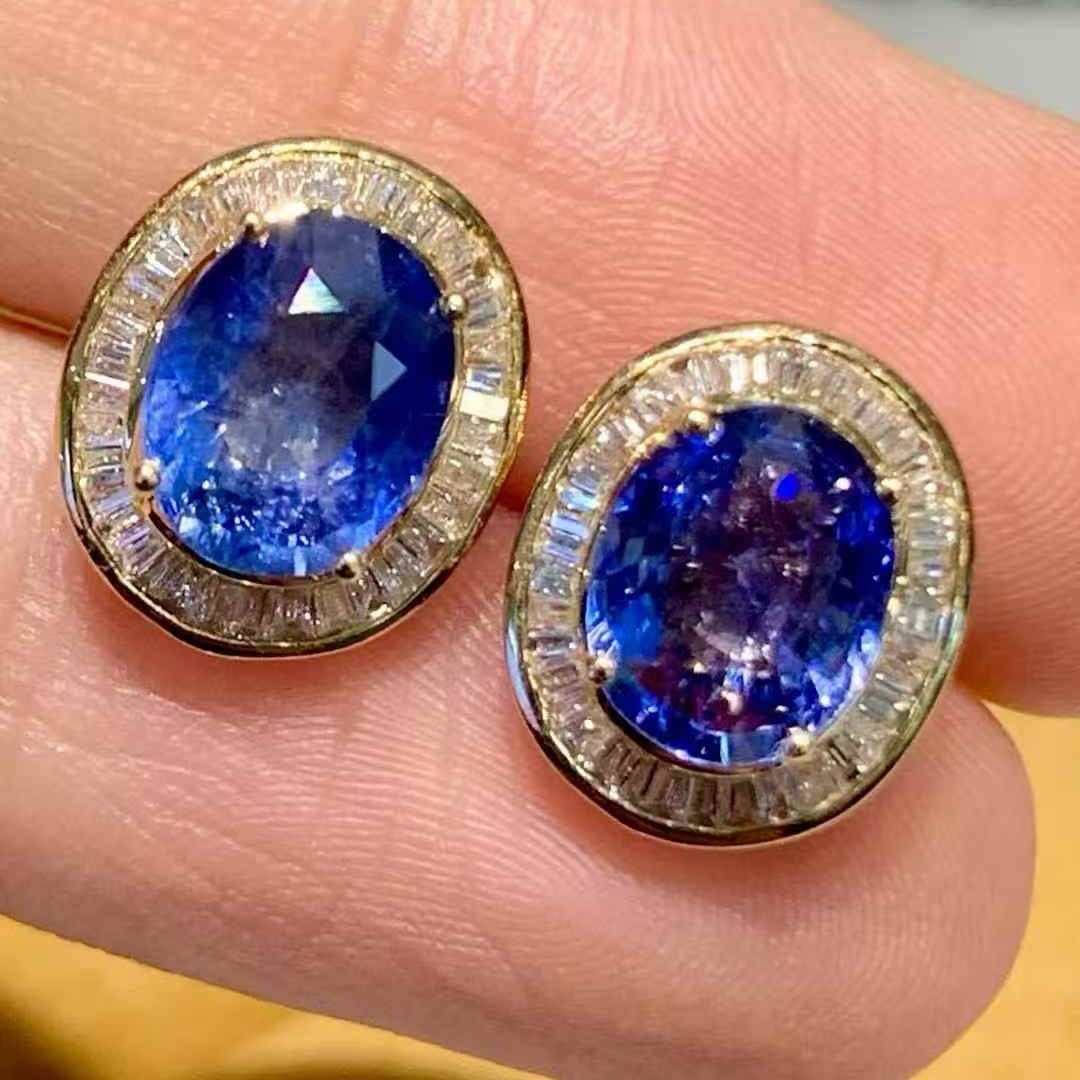 14k Gold 3.3 Ct Natural Sapphire & Diamond Earrings - 2