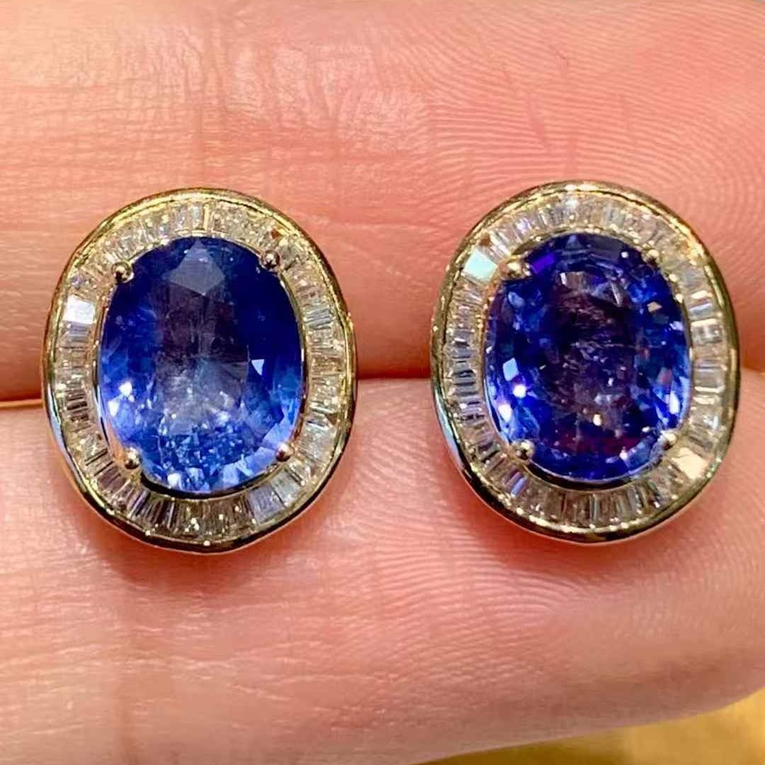14k Gold 3.3 Ct Natural Sapphire & Diamond Earrings - 4