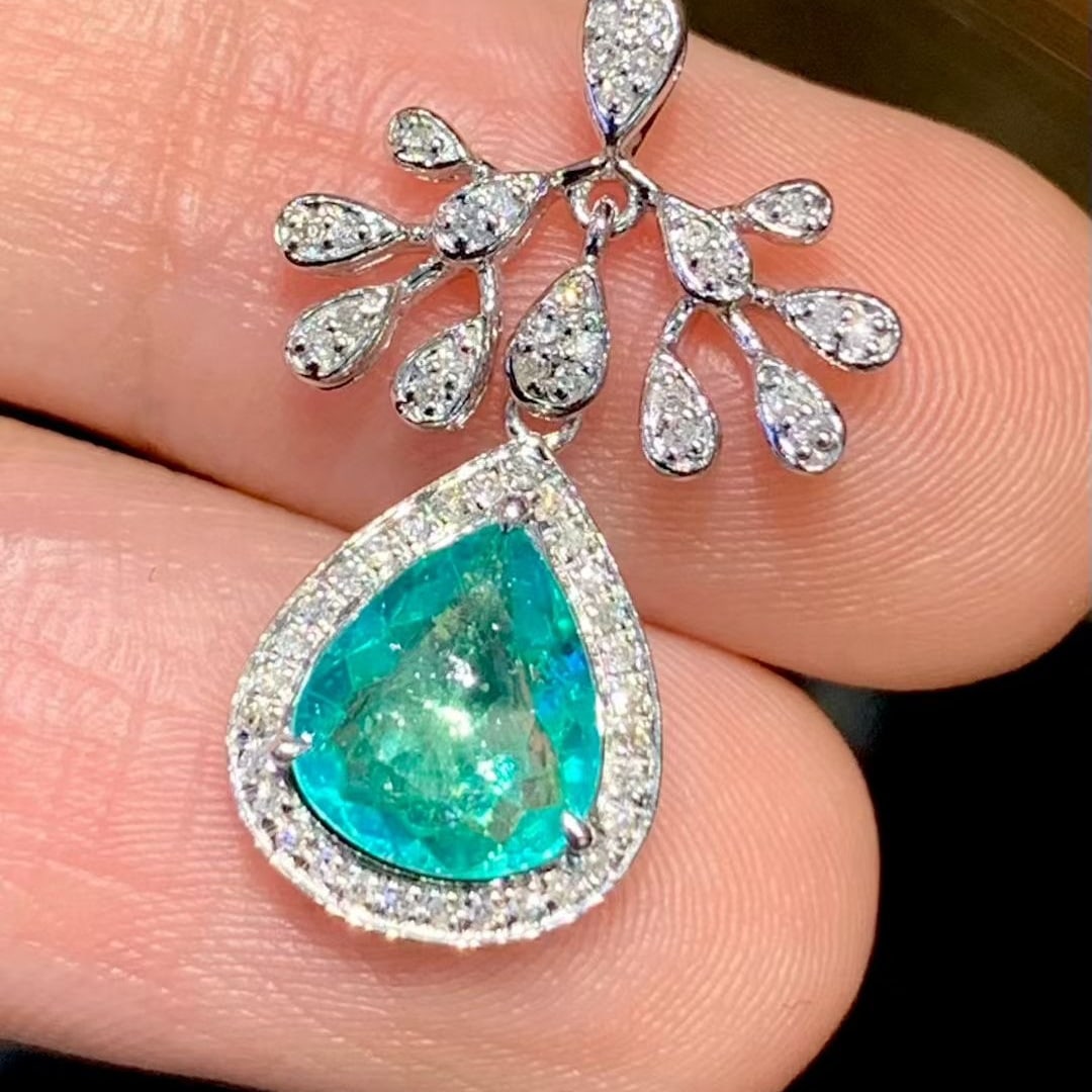 14k Gold 1.01 Ct Natural Paraiba Tourmaline & Diamond Pendant( Without Chain ) - 2