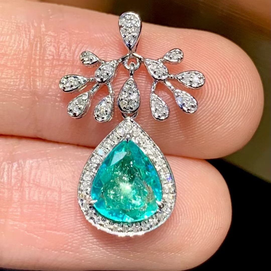 14k Gold 1.01 Ct Natural Paraiba Tourmaline & Diamond Pendant( Without Chain ) - 3