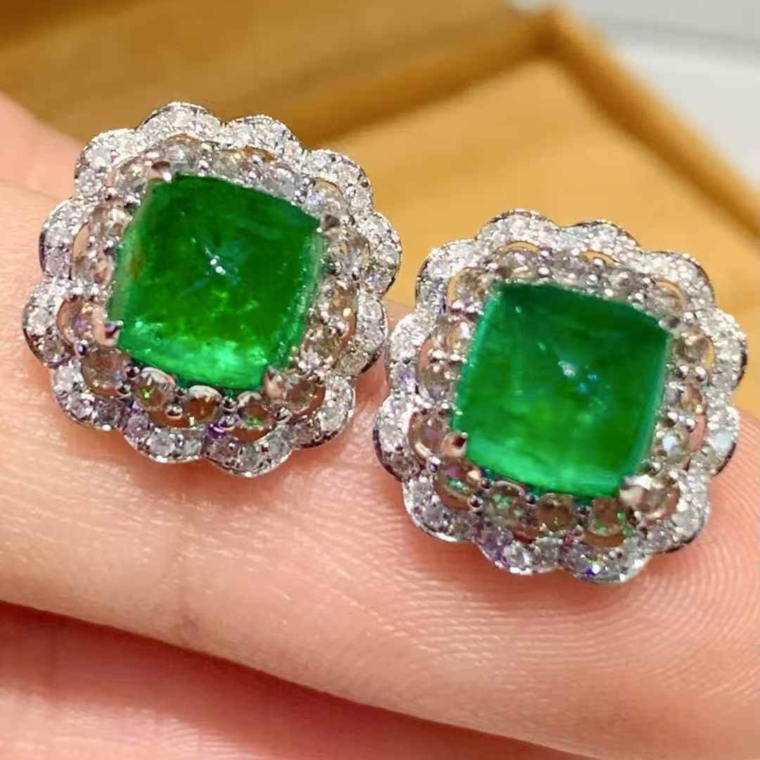 14k Gold 3.3 Ct Natural Emerald & Sapphire & Diamond Earrings - 2