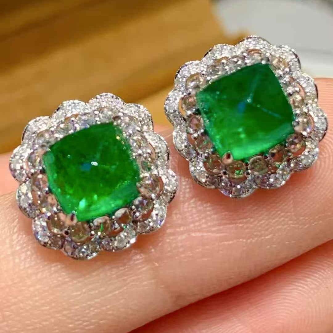 14k Gold 3.3 Ct Natural Emerald & Sapphire & Diamond Earrings - 3