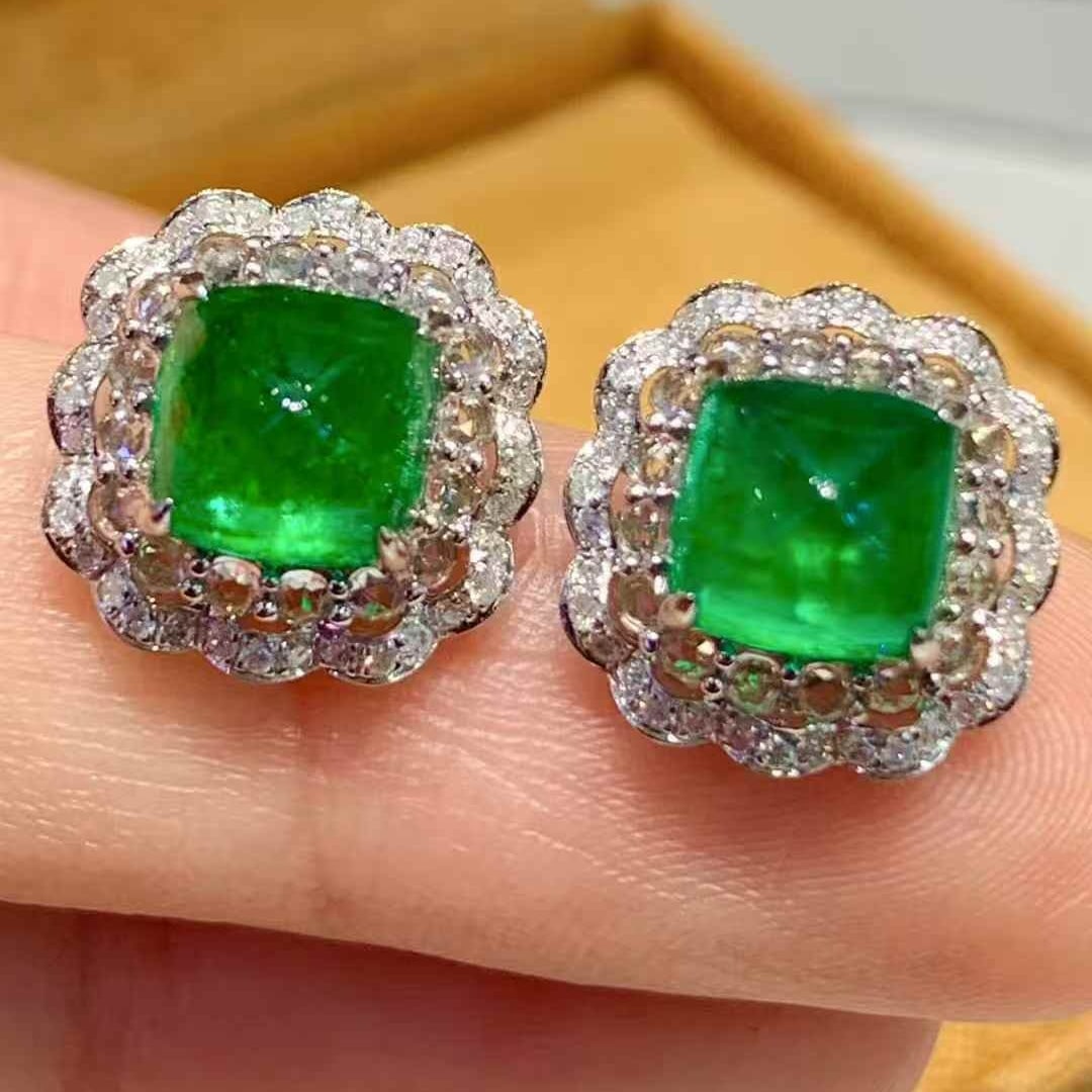 14k Gold 3.3 Ct Natural Emerald & Sapphire & Diamond Earrings - 4