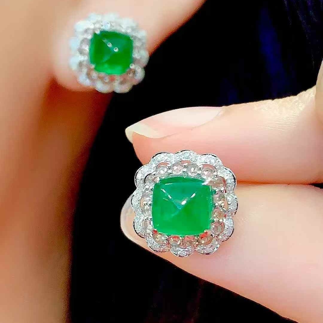 14k Gold 3.3 Ct Natural Emerald & Sapphire & Diamond Earrings - 5