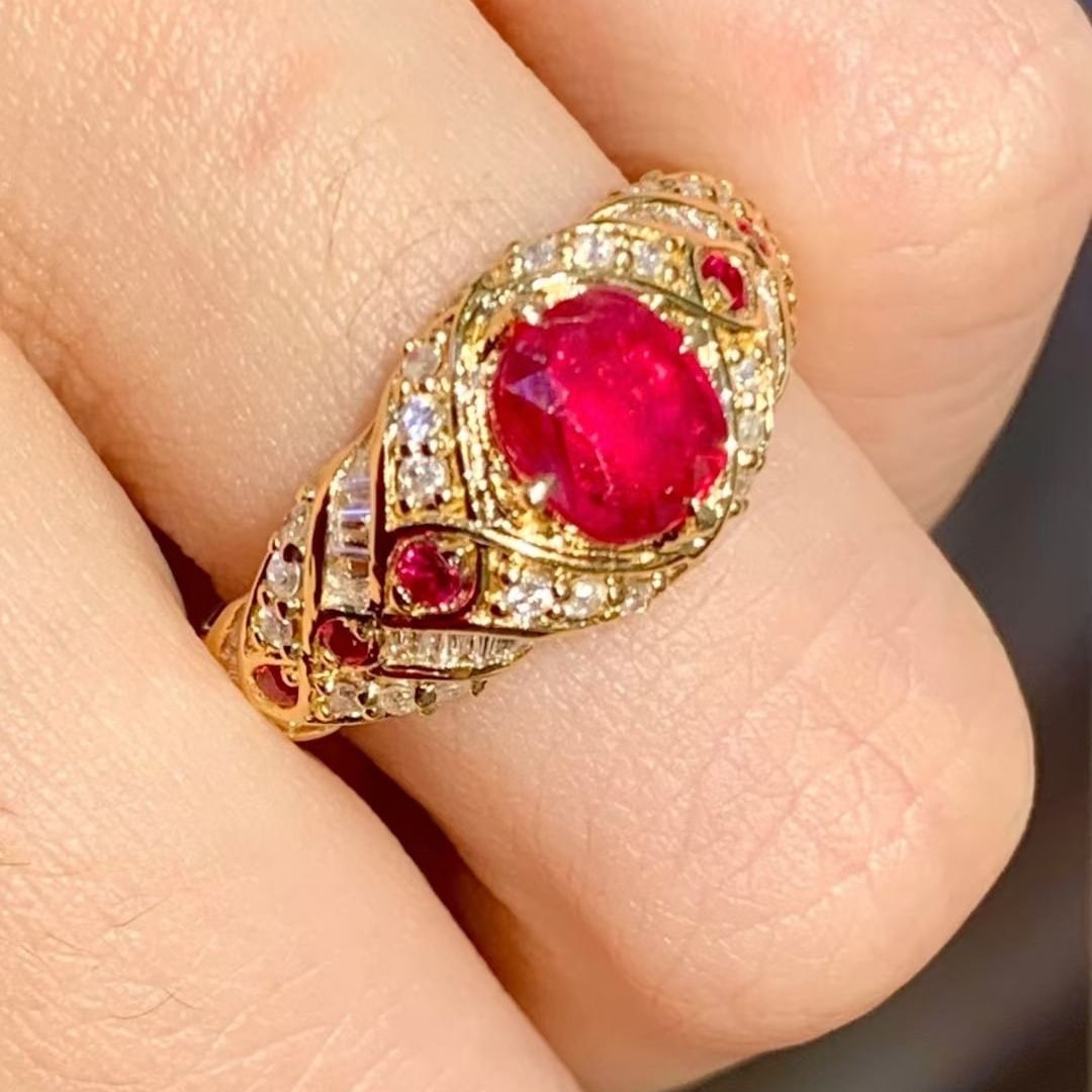14k Gold 1.05 Ct Natural Ruby & Diamond & Ruby Ring - 5