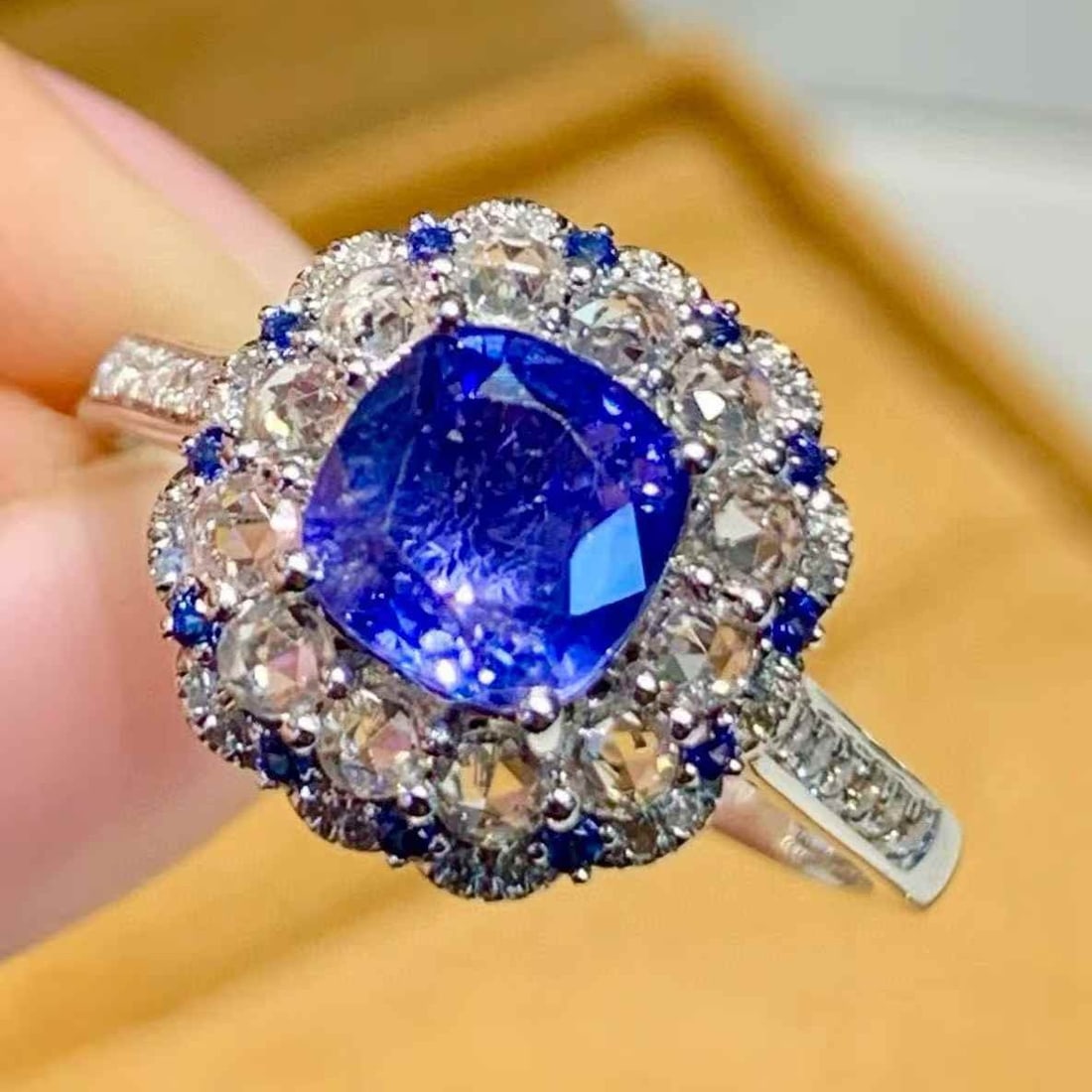 14k Gold 1.3 Ct Natural Sapphire & Sapphire & Diamond Ring: Ref:231123165 // gold content:14k gold // ring size:7. 25us // // main gemstone:sapphire // shape:cushion // carat weight:1. 3ct // color:blue // treatment:natural // // adjacent gemstone 2 :