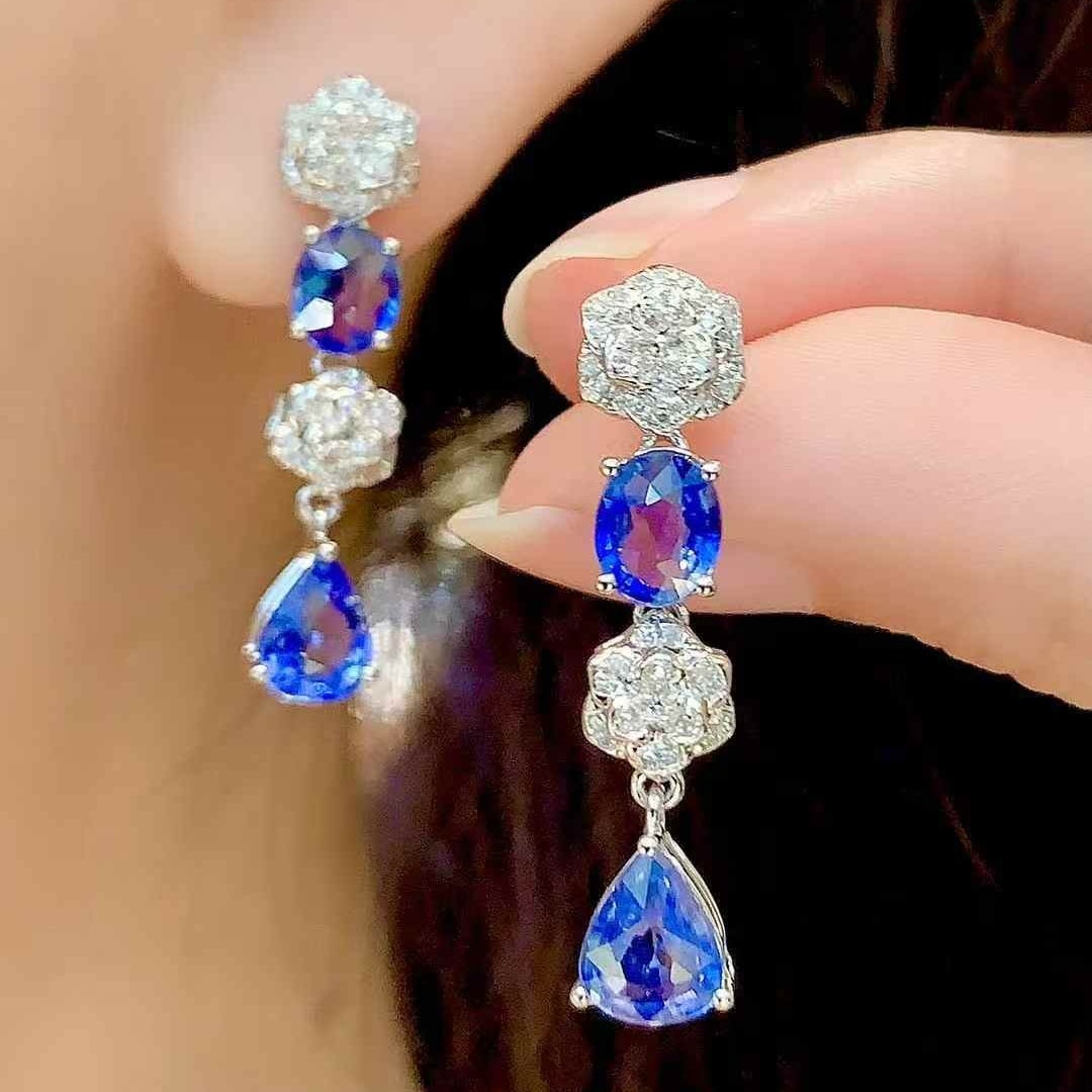 14k Gold 3.5 Ct Natural Sapphire & Diamond Earrings - 2
