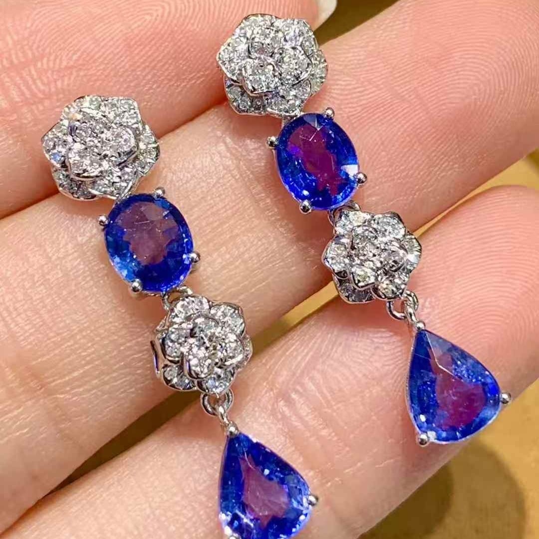 14k Gold 3.5 Ct Natural Sapphire & Diamond Earrings - 4