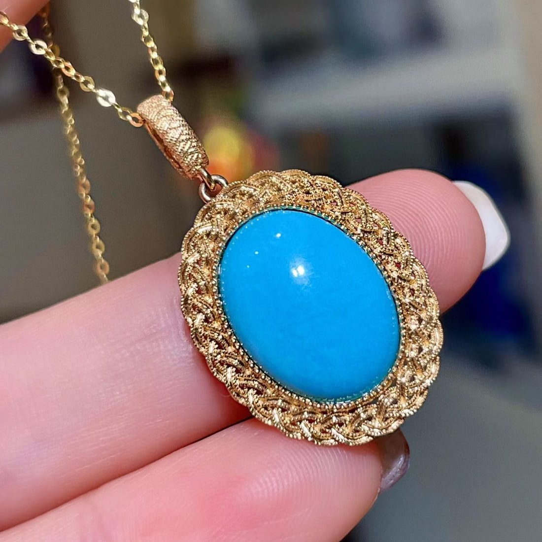 14k Gold 5.51 Ct Natural Blue Turquoise Pendant( Without Chain ) - 2