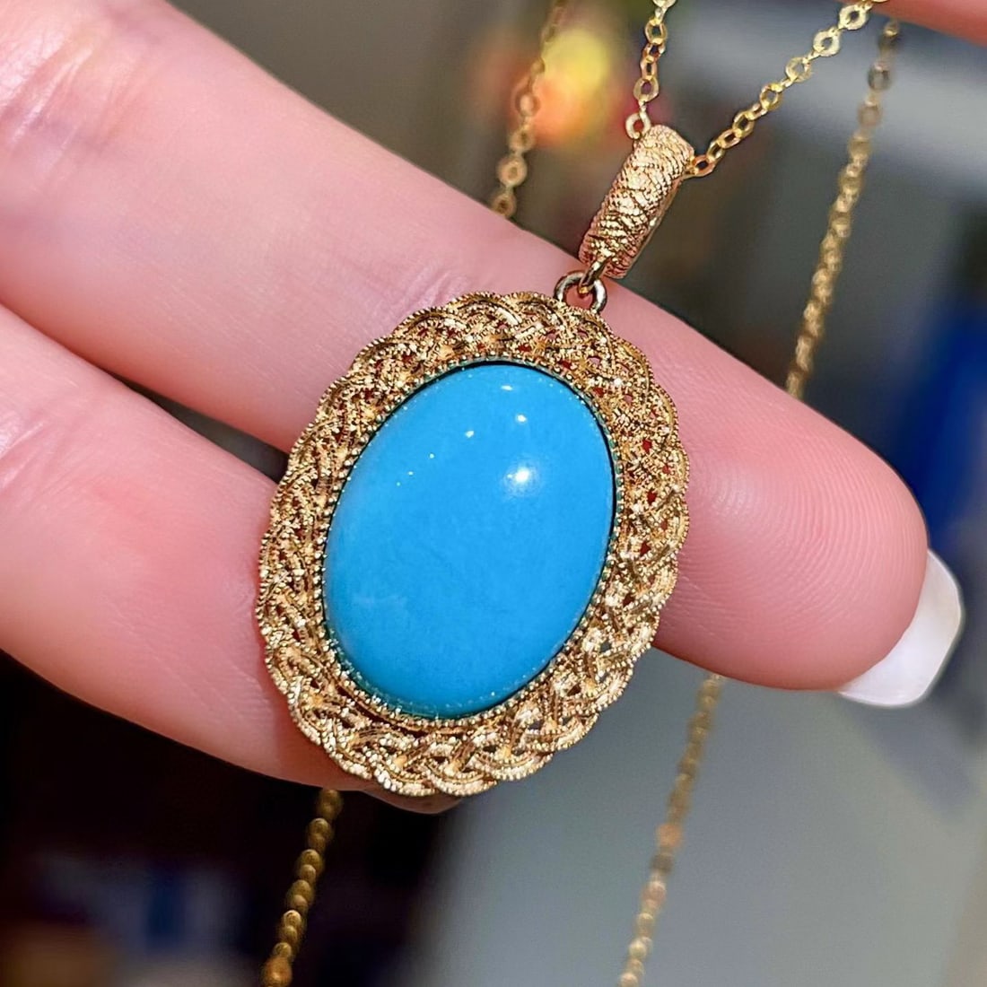 14k Gold 5.51 Ct Natural Blue Turquoise Pendant( Without Chain ) - 3