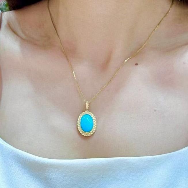 14k Gold 5.51 Ct Natural Blue Turquoise Pendant( Without Chain ) - 4