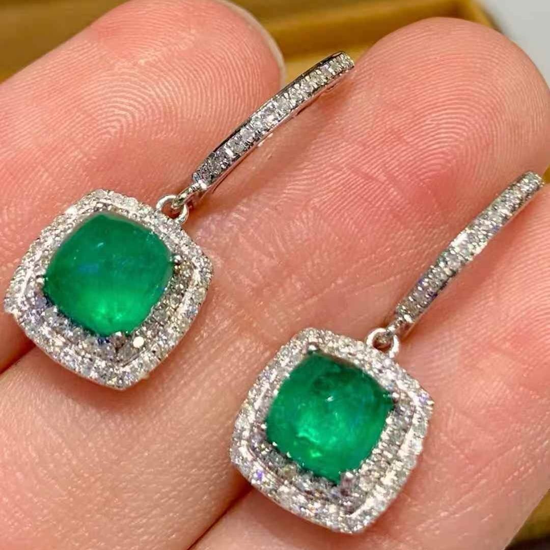 14k Gold 2.3 Ct Natural Emerald & Diamond Earrings - 5