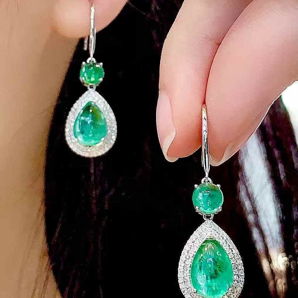 14k Gold 5.2 Ct Natural Emerald & Diamond Earrings - 5