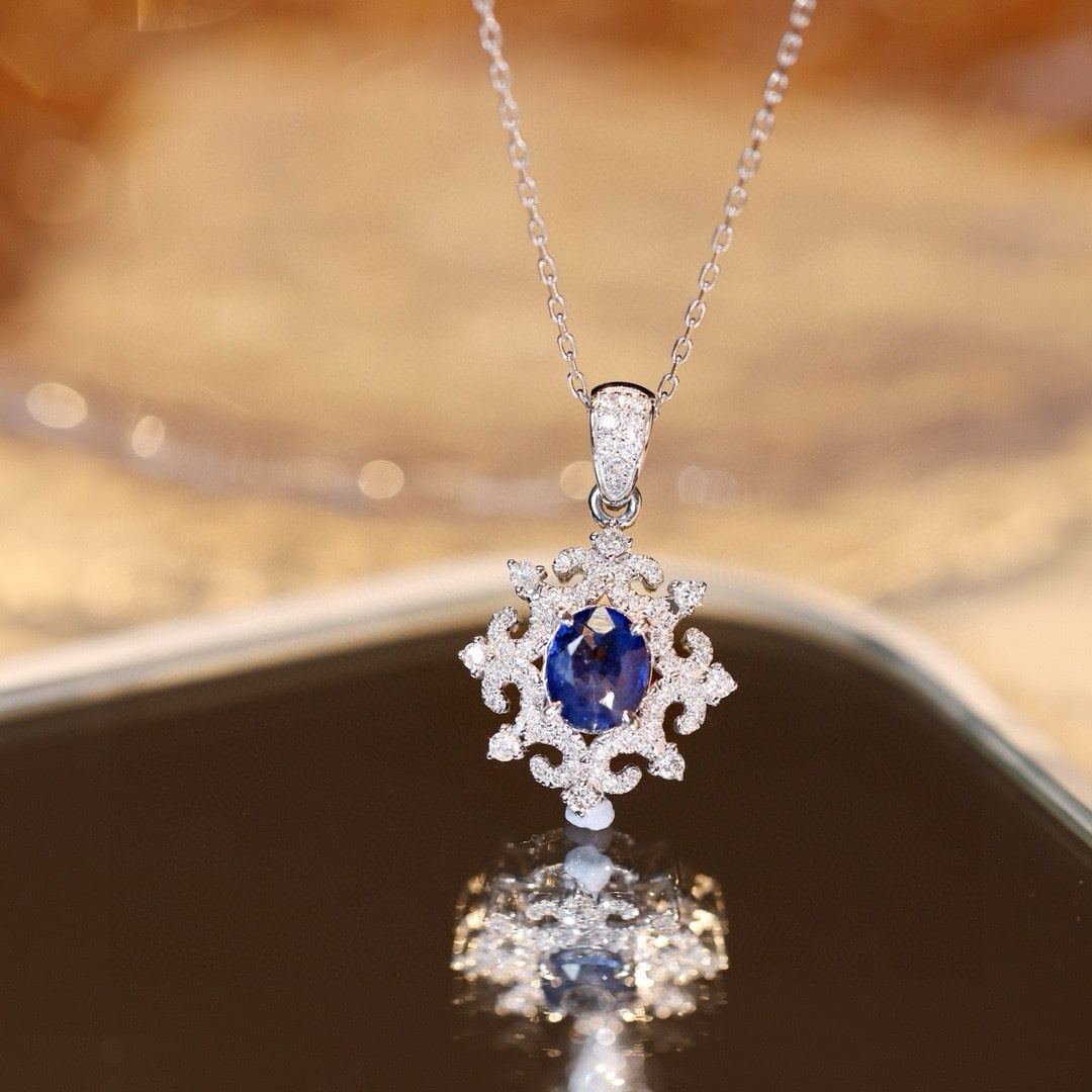 14k Gold 1.18 Ctw Natural Sapphire & Diamond Pendant( Without Chain ): Ref:231123226 // gold content:14k gold // main gemstone:sapphire // shape:oval // carat weight:0. 90ct // color:blue // treatment:natural // // adjacent gemstone 2 : diamond // shape:round // carat