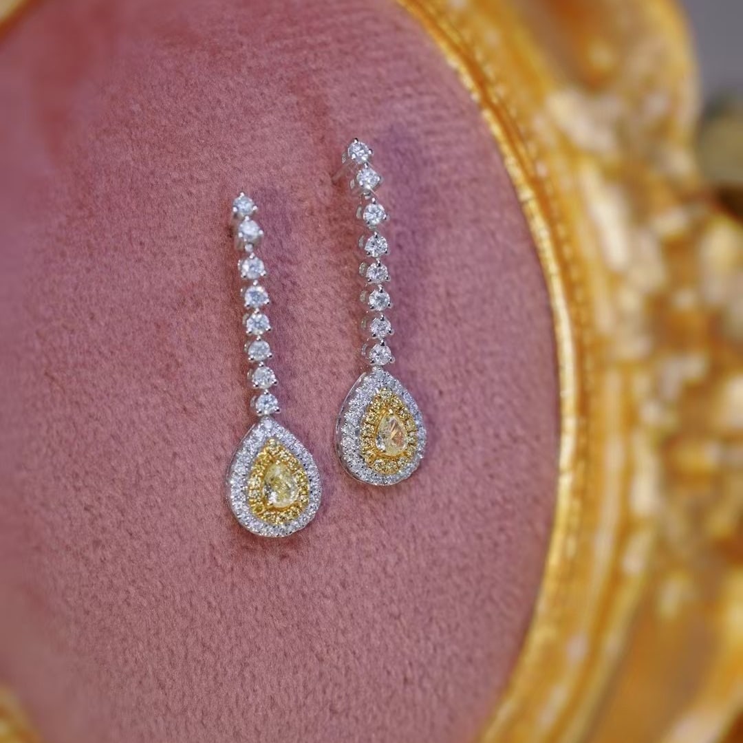 14k Gold 1.00 Ctw Natural Yellow Diamond & Diamond Earrings - 7