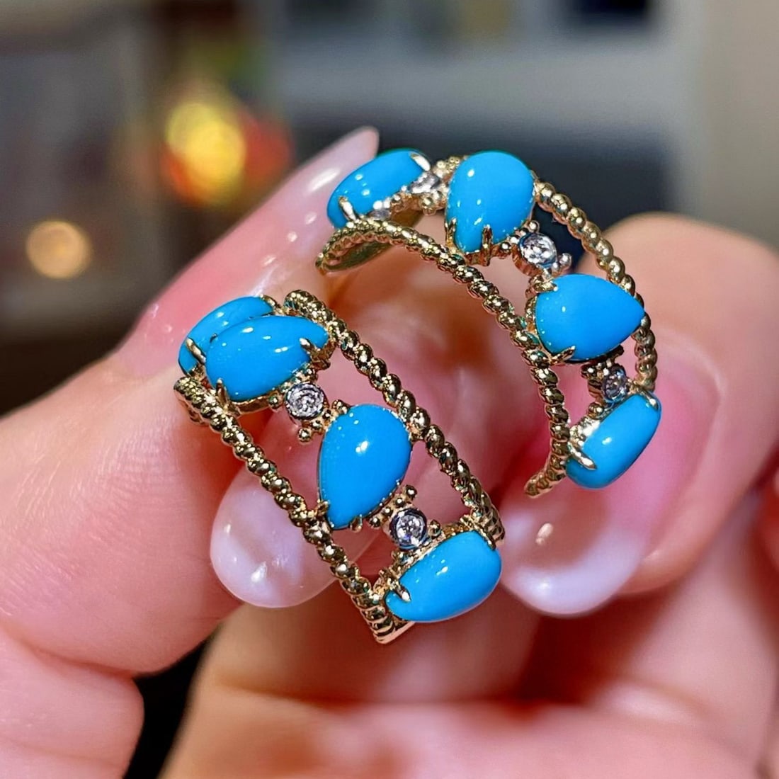 14k Gold 3.30 Ctw Natural Blue Turquoise & Diamond Earrings - 2
