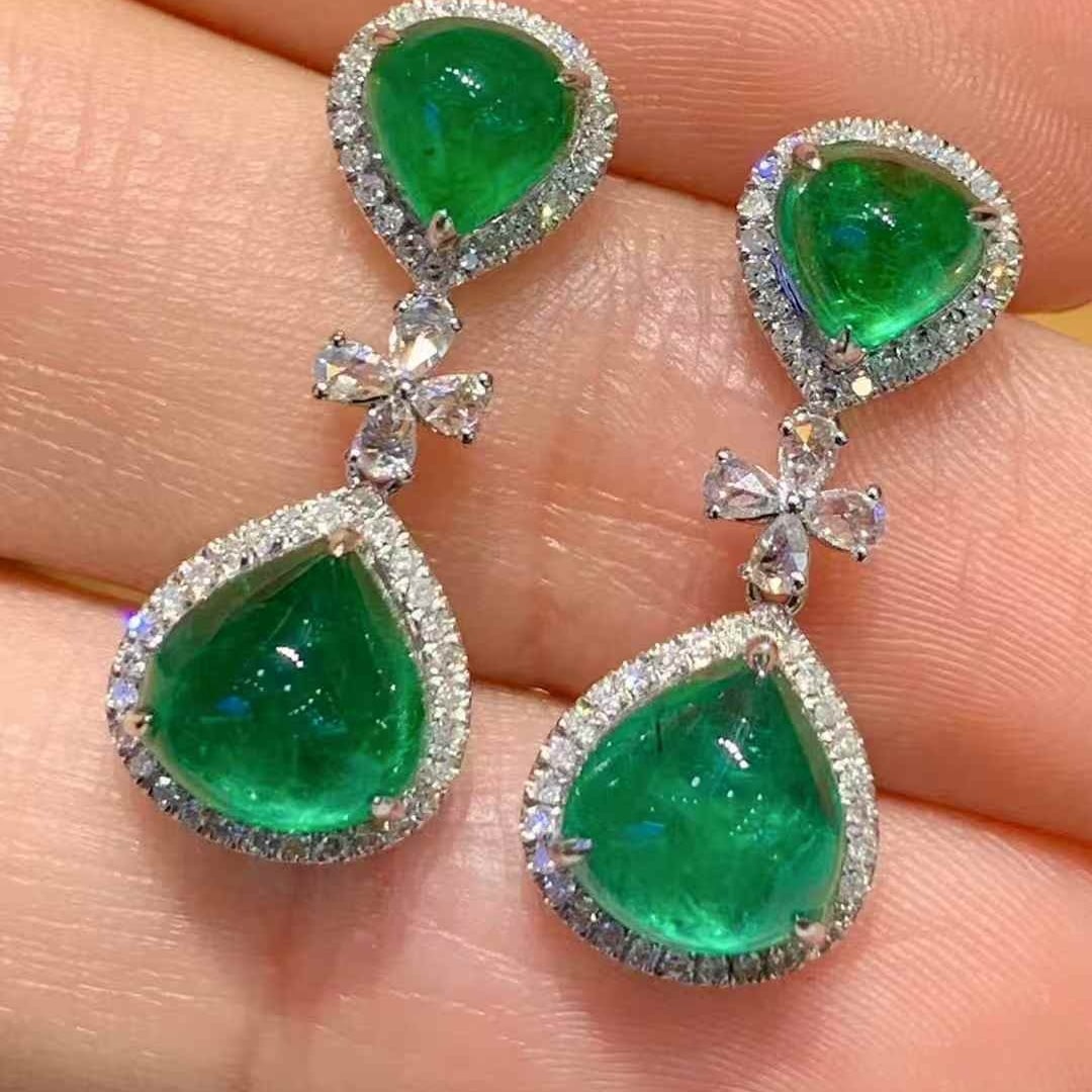 14k Gold 4.05 Ct Natural Emerald & Diamond & Sapphire Earrings - 2