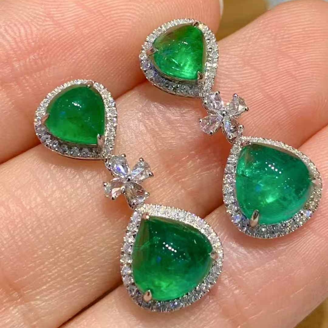 14k Gold 4.05 Ct Natural Emerald & Diamond & Sapphire Earrings - 3