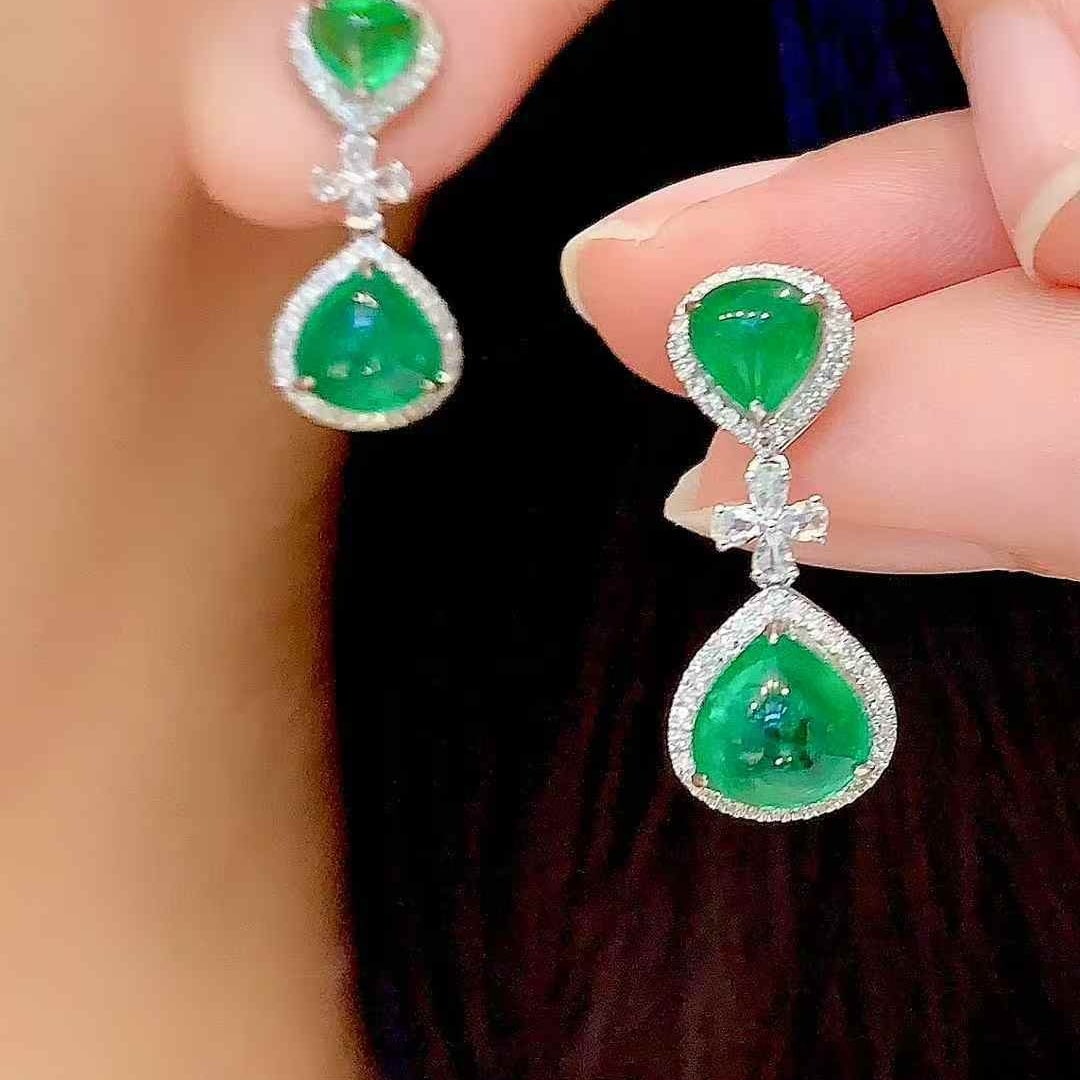 14k Gold 4.05 Ct Natural Emerald & Diamond & Sapphire Earrings - 4