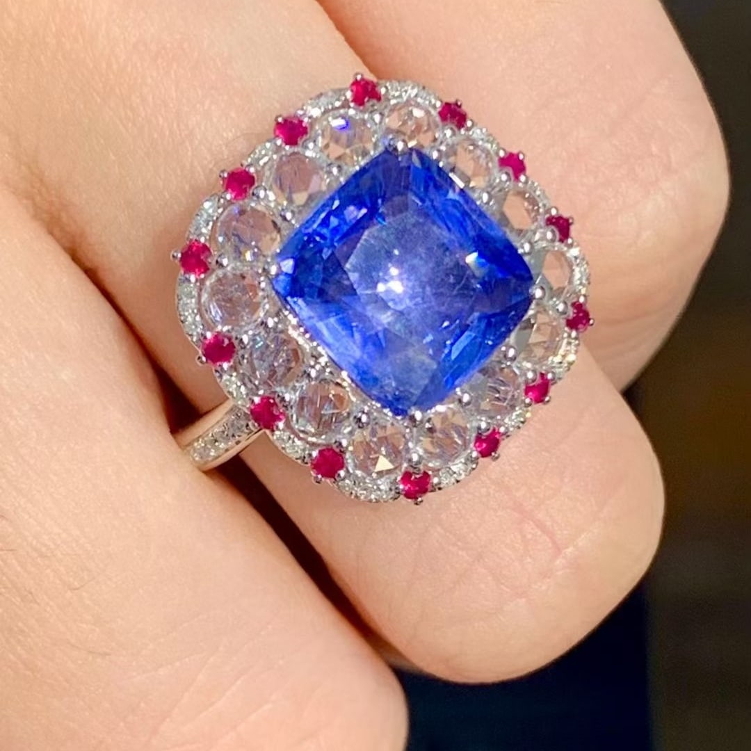 14k Gold 3.6 Ct Natural Sapphire & Coloured Gemstone & Diamond Ring - 2