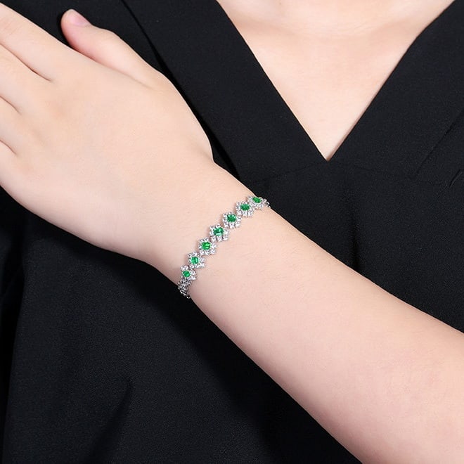 14k Gold 3.55 Ctw Vivid Green Natural Emerald & Sapphire Bracelet - 7