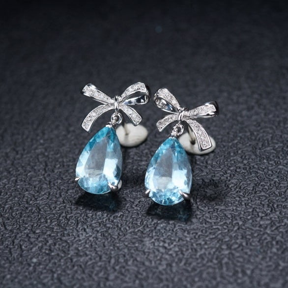 14k Gold 3.58 Ct Natural Aquamarine & Diamond Earrings - 3