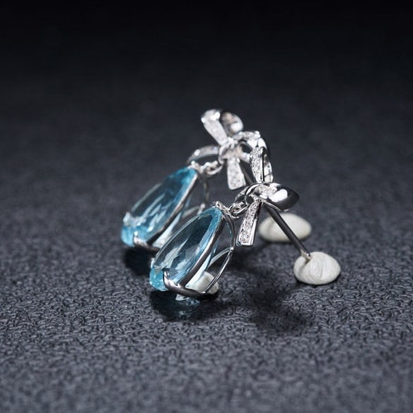 14k Gold 3.58 Ct Natural Aquamarine & Diamond Earrings - 4