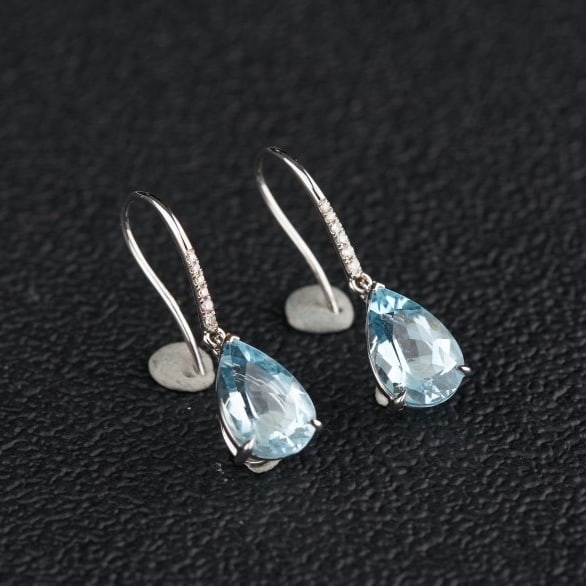 14k Gold 3.49 Ct Natural Aquamarine & Diamond Earrings - 6