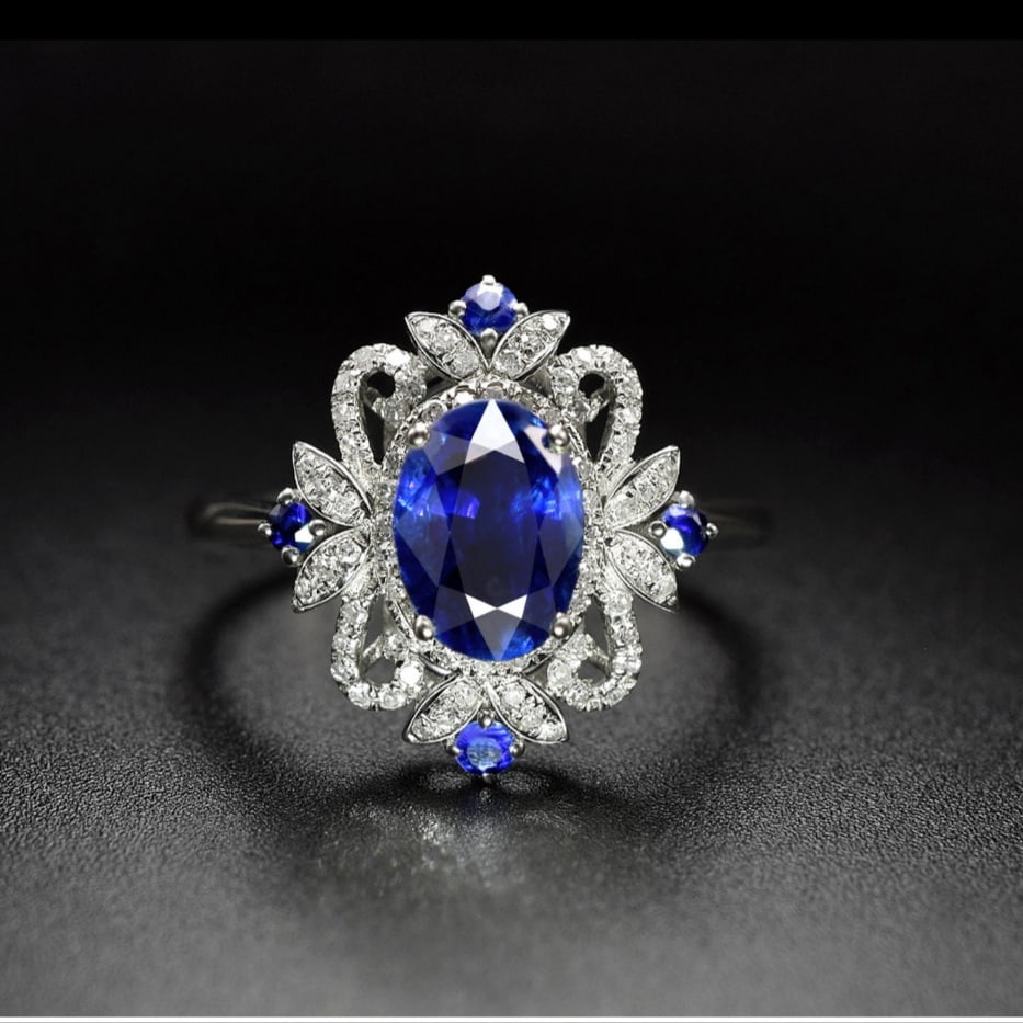 14k Gold 2.12 Ctw Natural Sapphire & Sapphire Ring: Ref:231124088 // gold content:14k gold // ring size:7. 25us // // main gemstone:sapphire // shape:oval // carat weight:2. 01ct // color:blue // treatment:natural // // adjacent gemstone 2 :