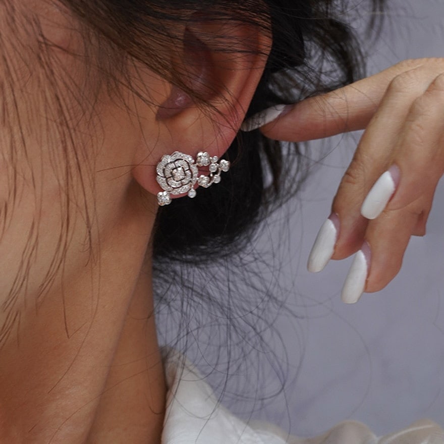 14k Gold 0.6 Ct Natural H Diamond & Flowers Earrings - 4