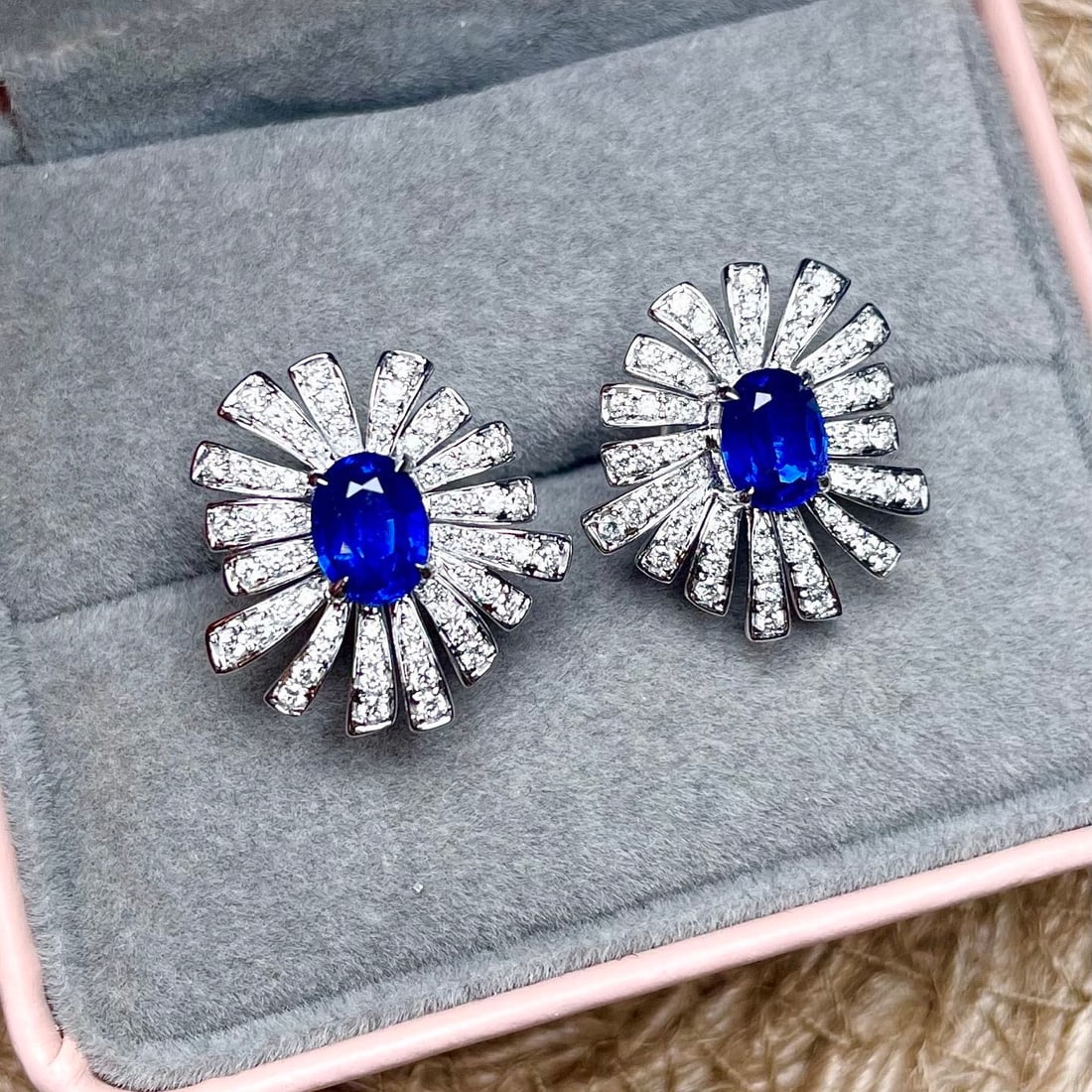 14k Gold 2.85 Ctw Vivid Blue Natural Sapphire & Diamond Earrings: Ref:231124104 // gold content:14k gold // main gemstone:sapphire // shape:oval // carat weight:2. 10ct // color:vivid blue // treatment:natural // // adjacent gemstone 2 : diamond // shape:round // ca