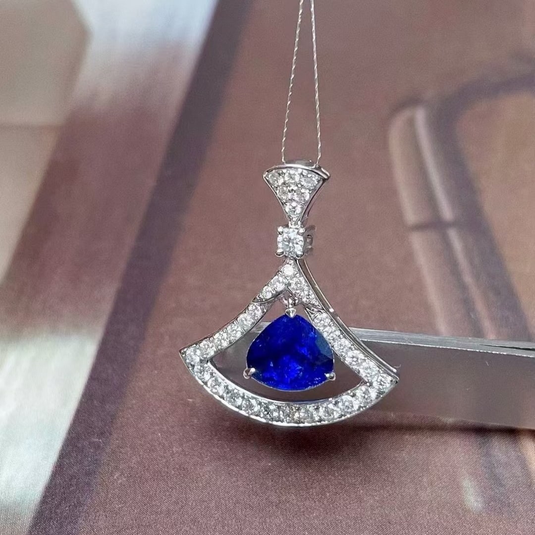 14k Gold 1.96 Ctw Vivid Blue Natural Sapphire & Diamond Pendant( Without Chain ) - 3