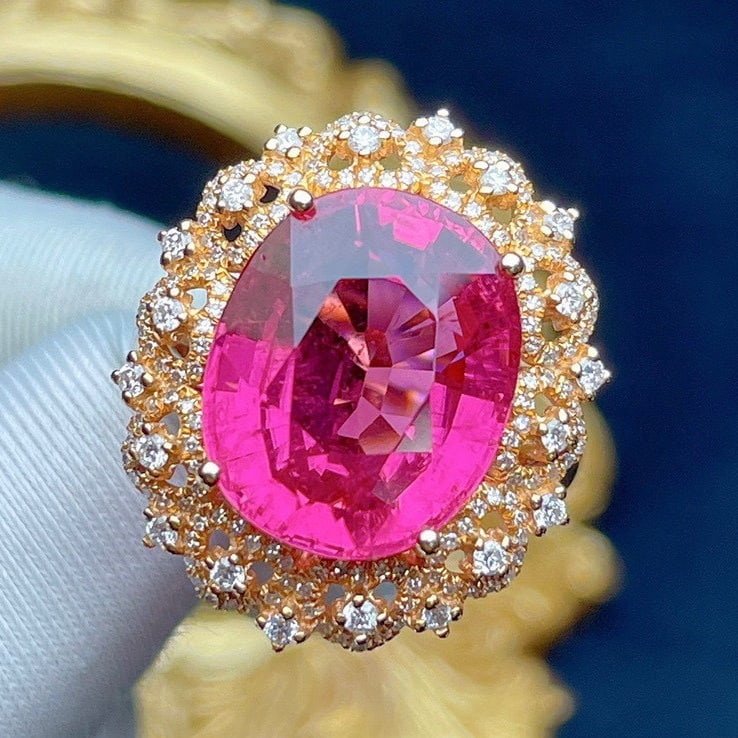 14k Gold 11.05 Ct Natural Tourmaline & Diamond Ring - 2