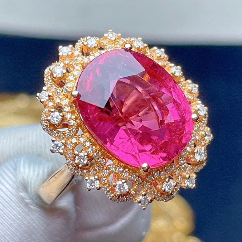 14k Gold 11.05 Ct Natural Tourmaline & Diamond Ring - 4