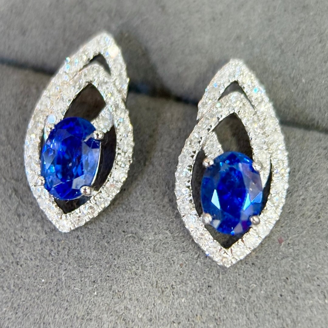 14k Gold 2.08 Ctw Vivid Blue Natural Sapphire & Diamond Earrings - 4