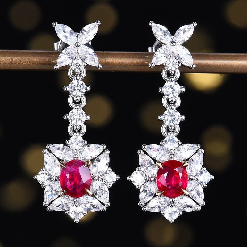 14k Gold 3.98 Ctw Natural Ruby & Sapphire Earrings: Ref:231124127 // gold content:14k gold // main gemstone:ruby // shape:oval // carat weight:1. 19ct // color:red // treatment:natural // // adjacent gemstone 2 : sapphire // number of stones:38 //